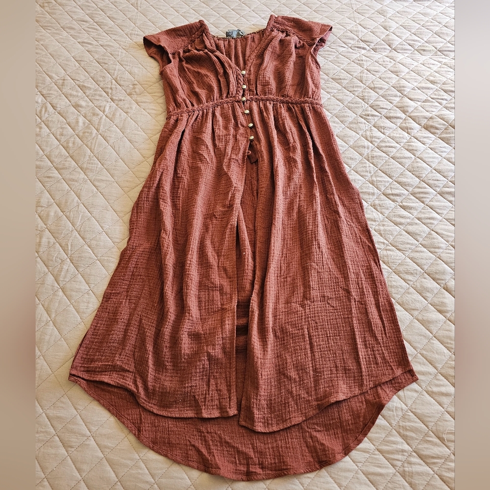 Anthropologie Rust-Brown V-Neck Button Front Tunic Top - Picture 2 of 11
